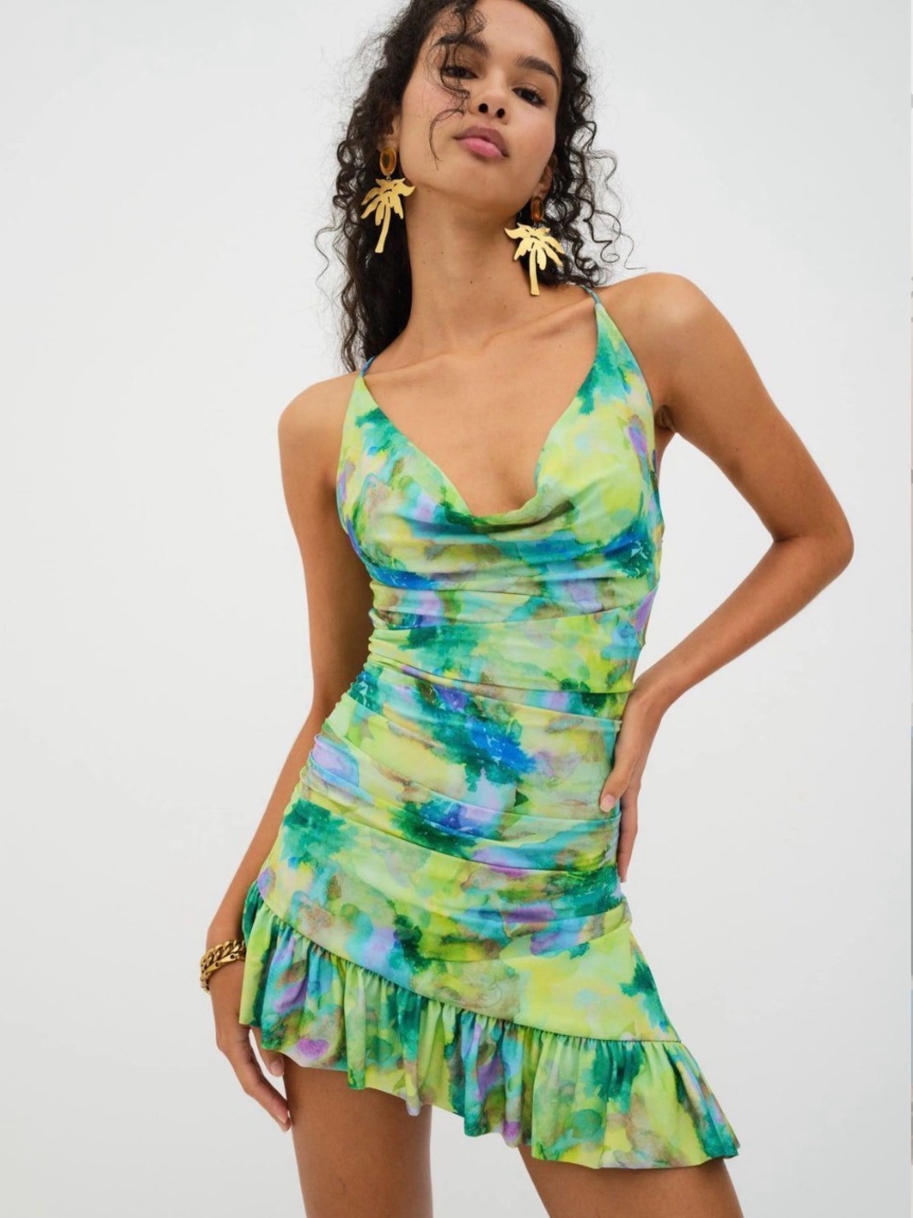 For Love And Lemons Lime Green Watercolor Cowl Ruffle Mini Dress